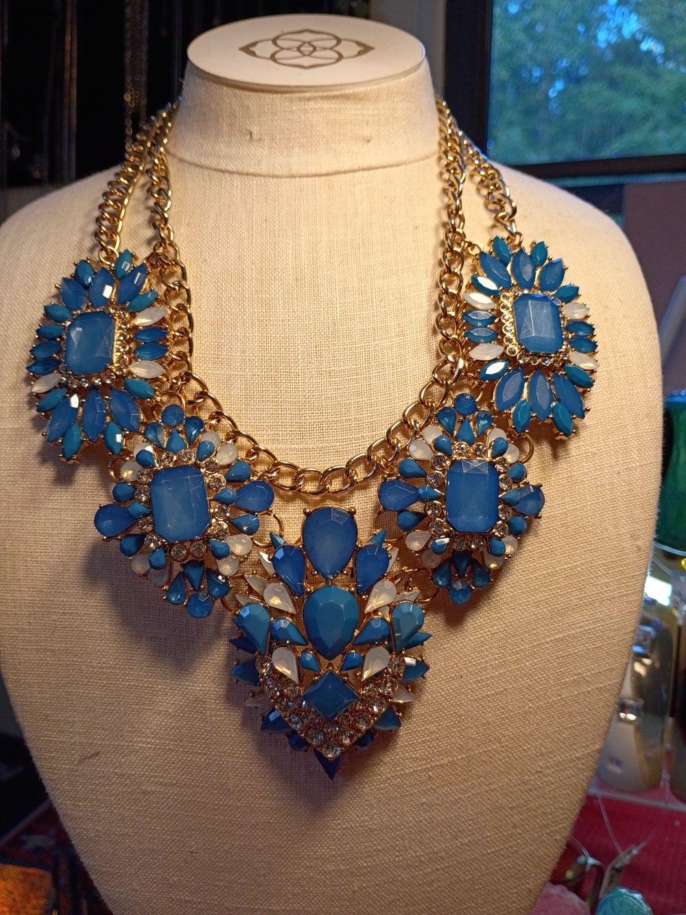 Statement Blue Crystal Floral Bib Necklace - Gold Tone